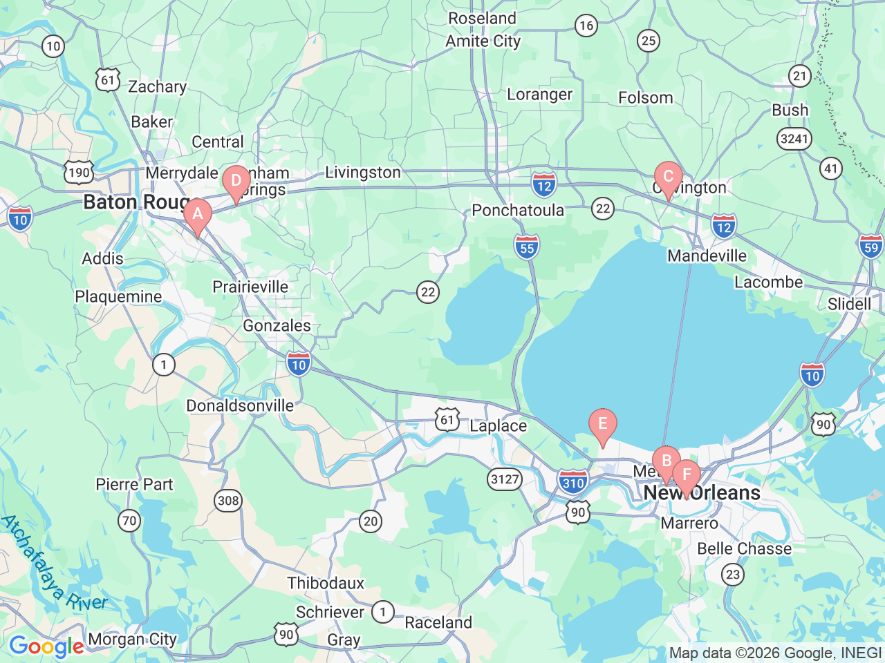 Map of Ochsner-affiliated facilities that provide services related to Headache Centers