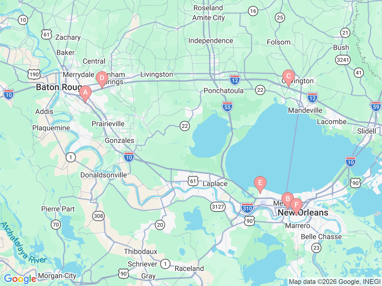 Map of Ochsner-affiliated facilities that provide services related to Headache Centers