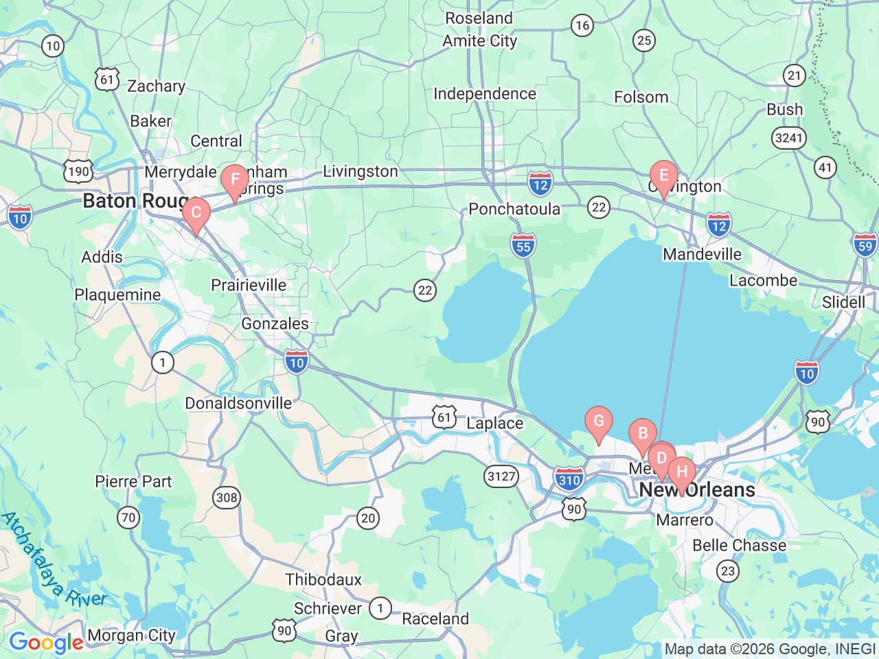 Map of Ochsner-affiliated facilities that provide services related to Headache Centers