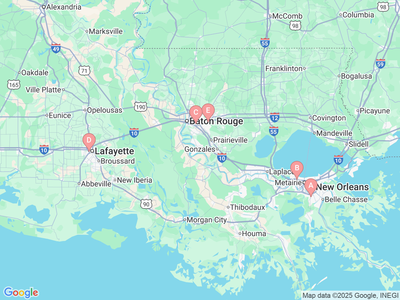 Map of Ochsner-affiliated facilities that provide services related to Hearing and Balance