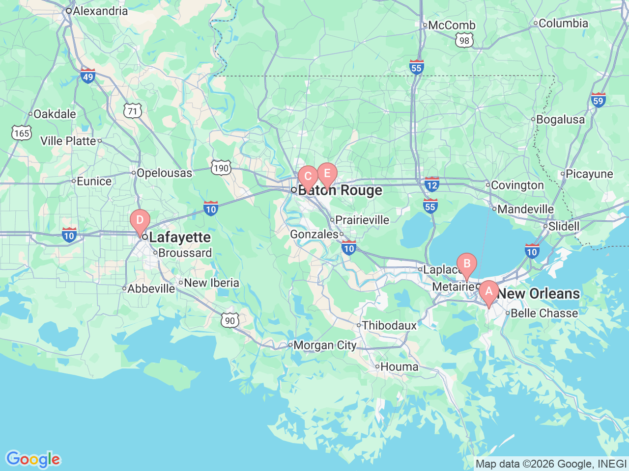 Map of Ochsner-affiliated facilities that provide services related to Hearing and Balance