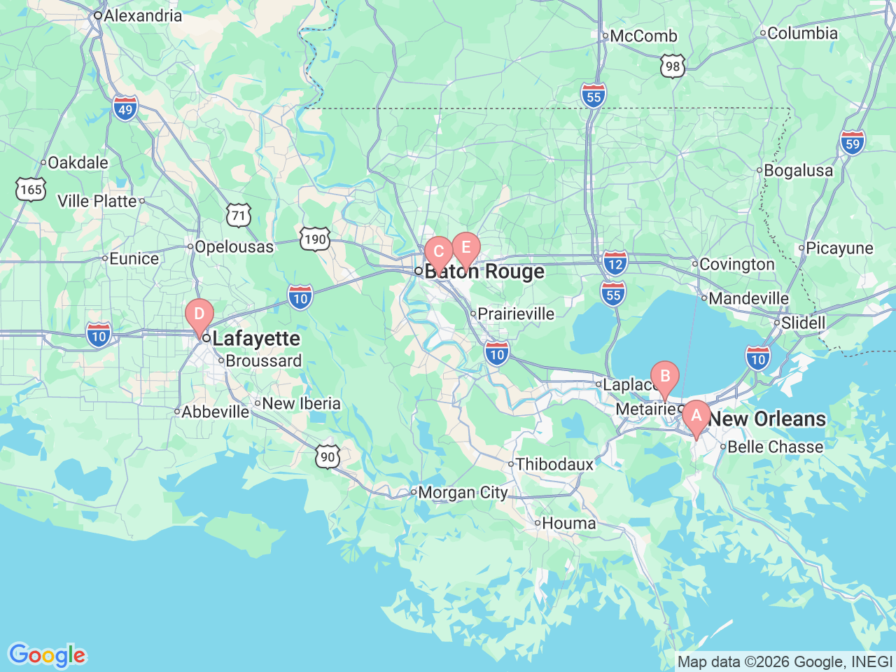Map of Ochsner-affiliated facilities that provide services related to Hearing and Balance
