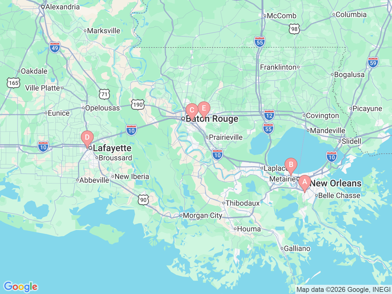 Map of Ochsner-affiliated facilities that provide services related to Hearing and Balance