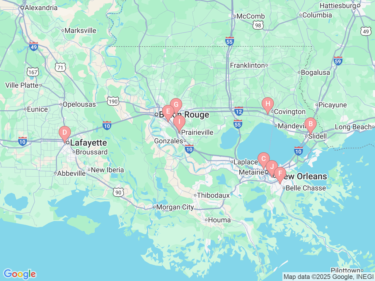 Map of Ochsner-affiliated facilities that provide services related to Hearing Solutions