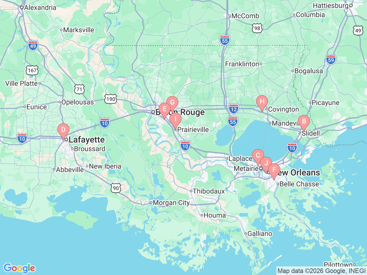 Map of Ochsner-affiliated facilities that provide services related to Hearing Solutions