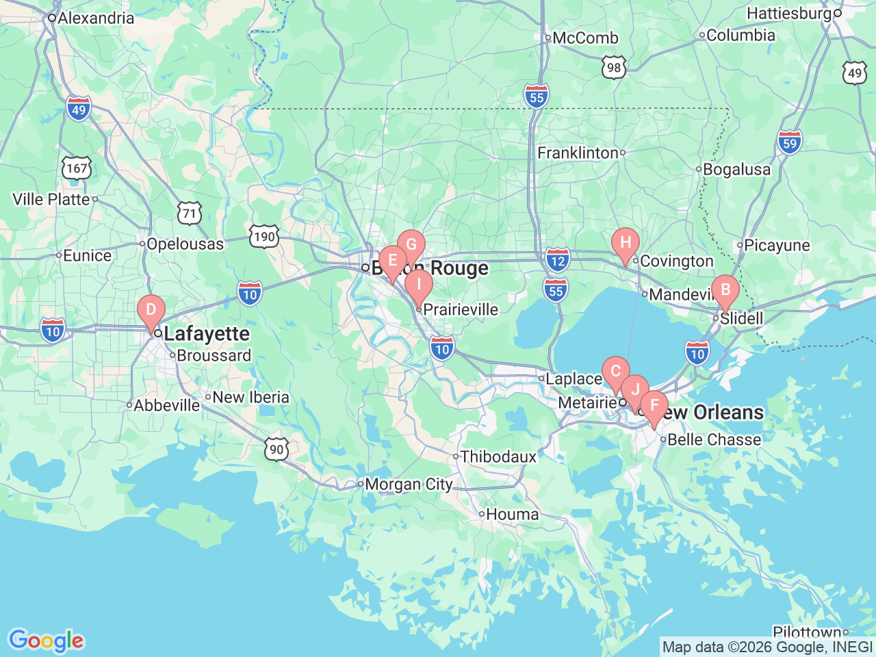 Map of Ochsner-affiliated facilities that provide services related to Hearing Solutions