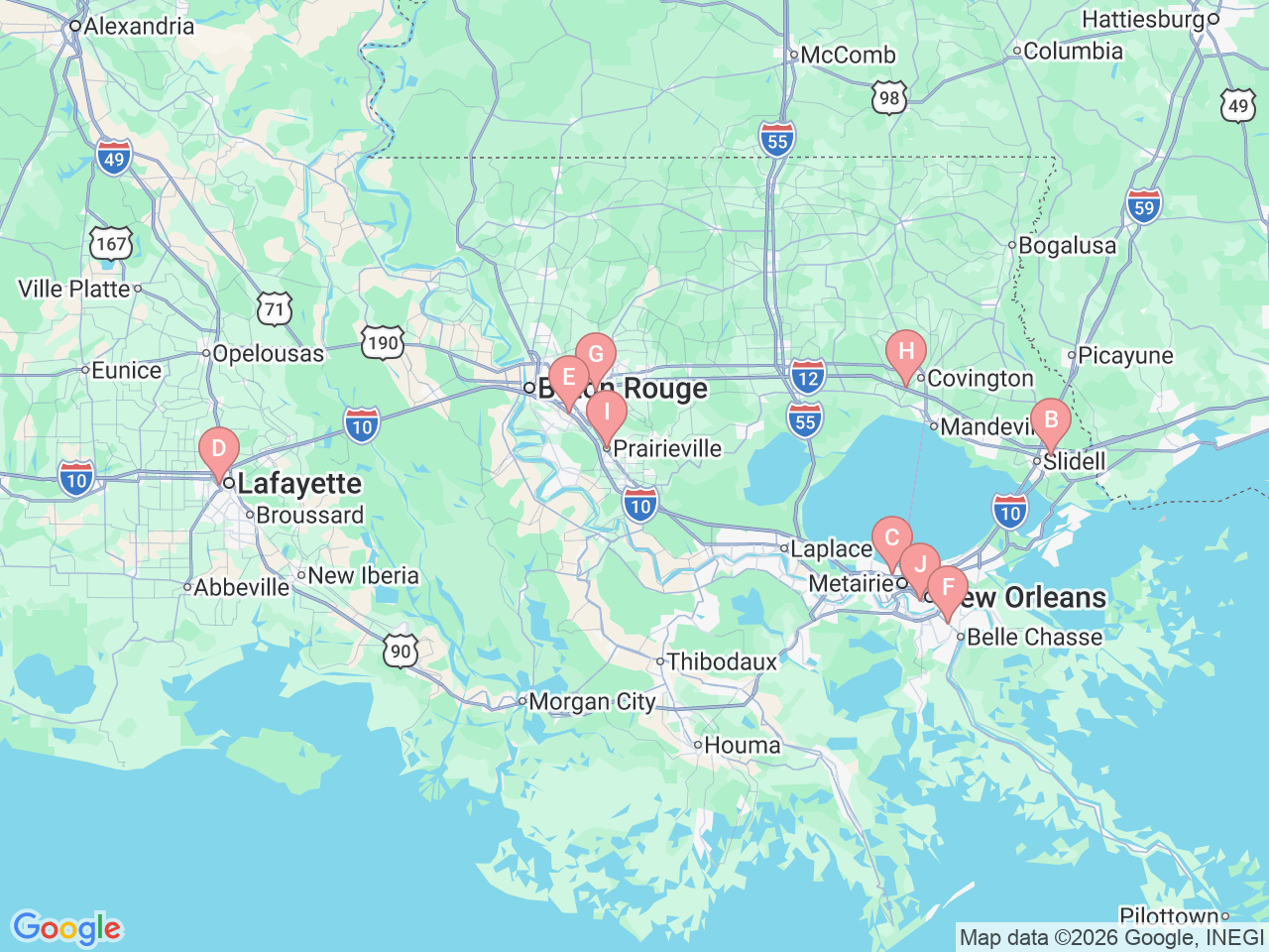Map of Ochsner-affiliated facilities that provide services related to Hearing Solutions