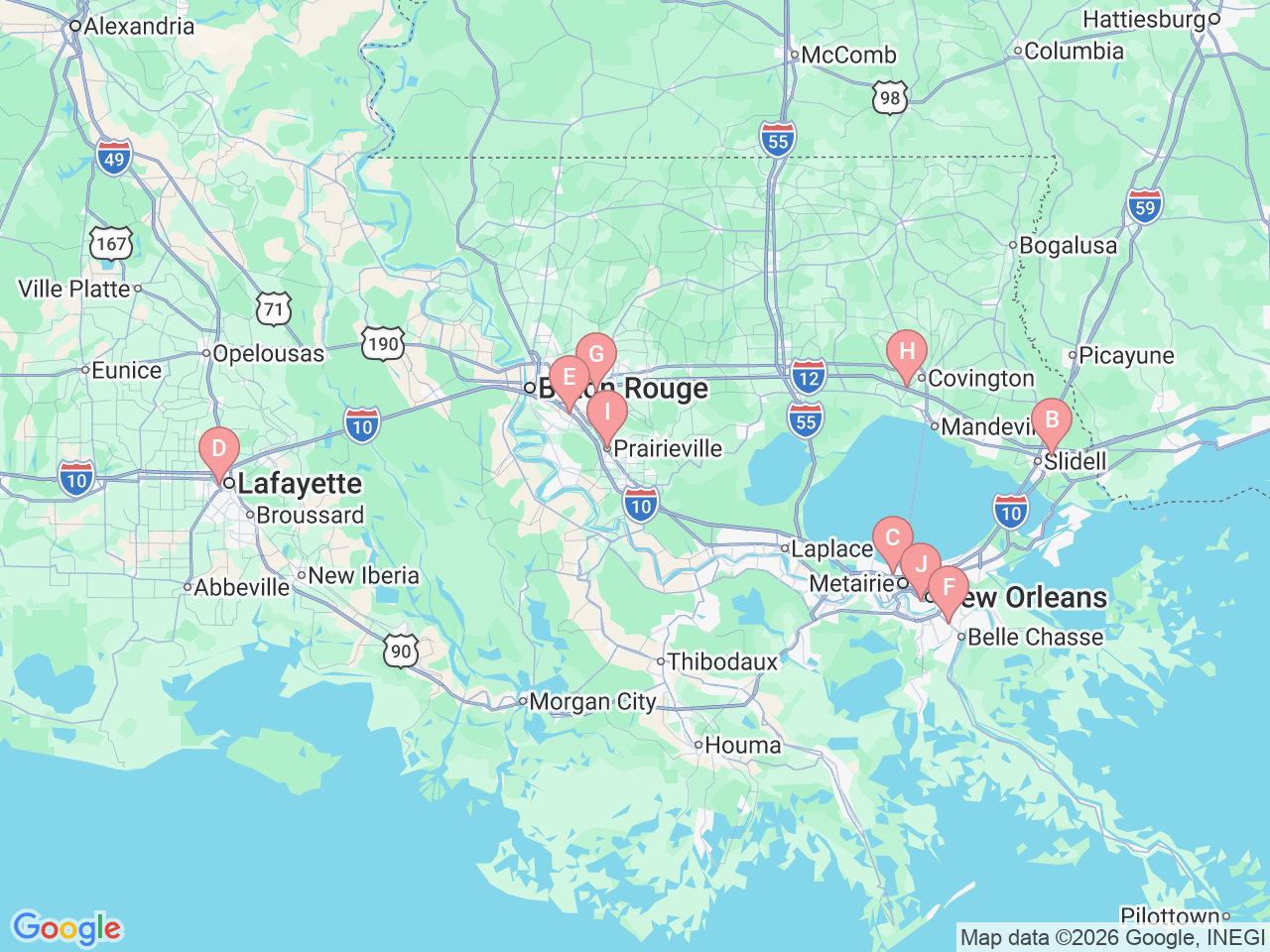 Map of Ochsner-affiliated facilities that provide services related to Hearing Solutions