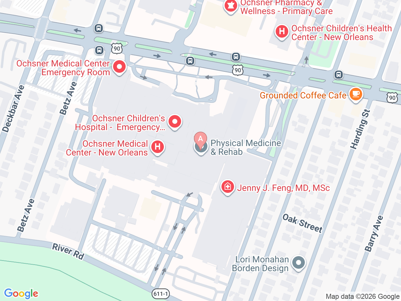 Map of Ochsner-affiliated facilities that provide services related to Heart Failure Transitional Care Clinic