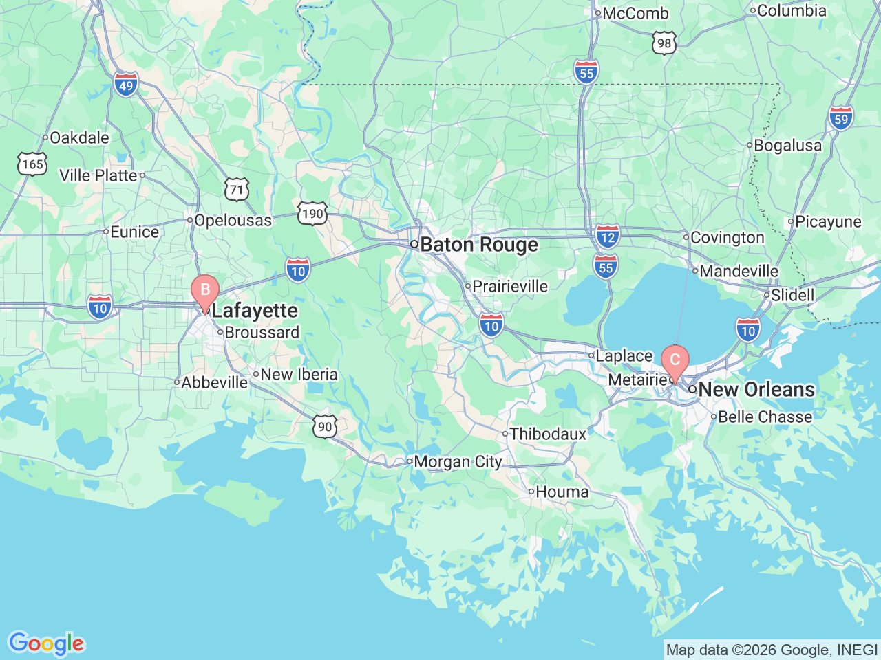 Map of Ochsner-affiliated facilities that provide services related to Heart Failure