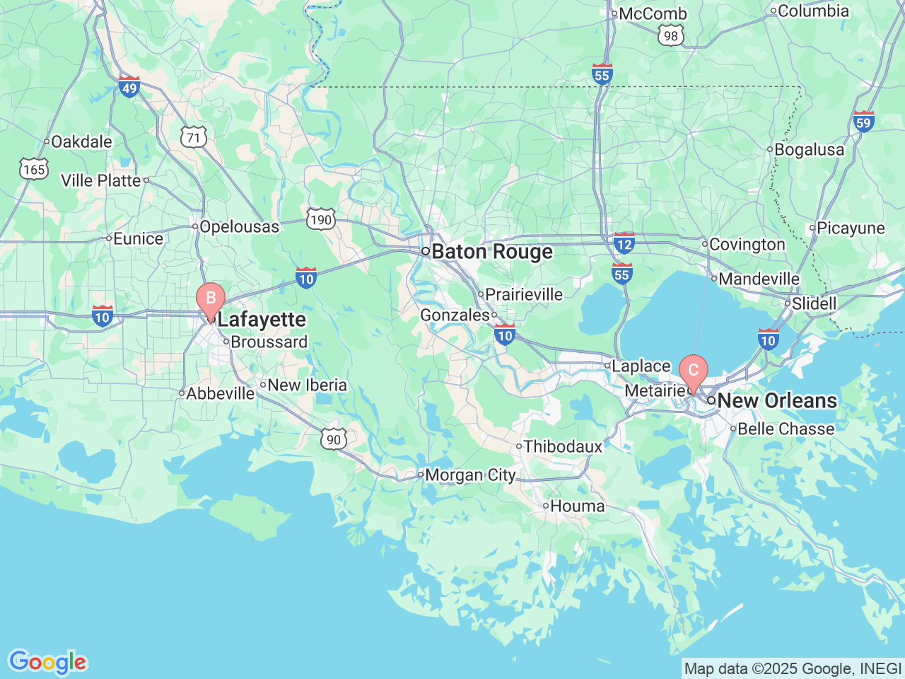 Map of Ochsner-affiliated facilities that provide services related to Heart Transplants