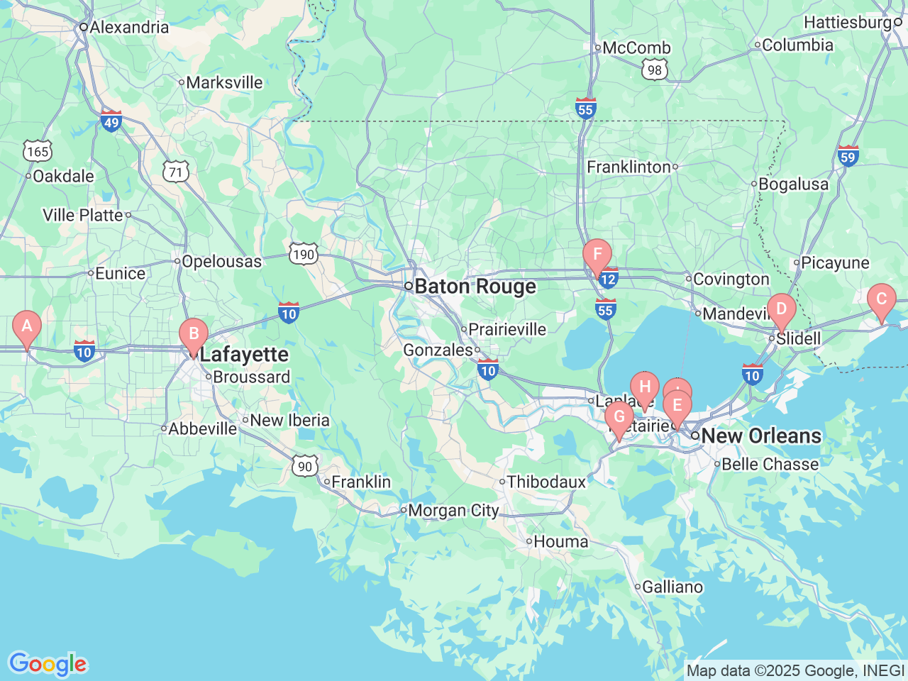 Map of Ochsner-affiliated facilities that provide services related to Heart & Vascular Institute