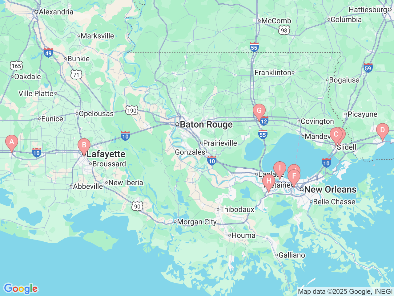 Map of Ochsner-affiliated facilities that provide services related to Heart & Vascular Institute