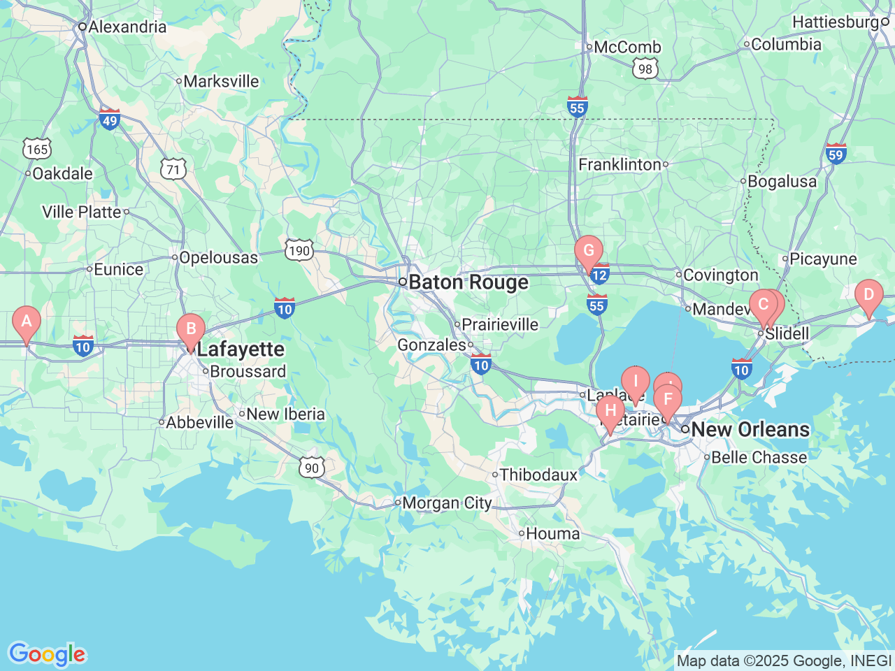 Map of Ochsner-affiliated facilities that provide services related to Heart & Vascular Institute