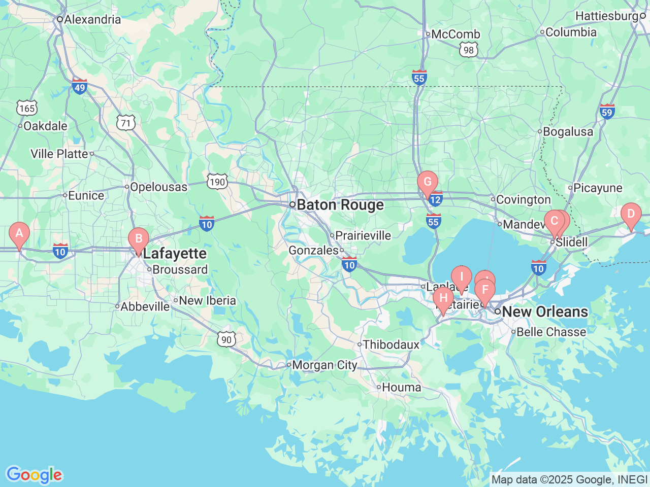 Map of Ochsner-affiliated facilities that provide services related to Heart & Vascular Institute