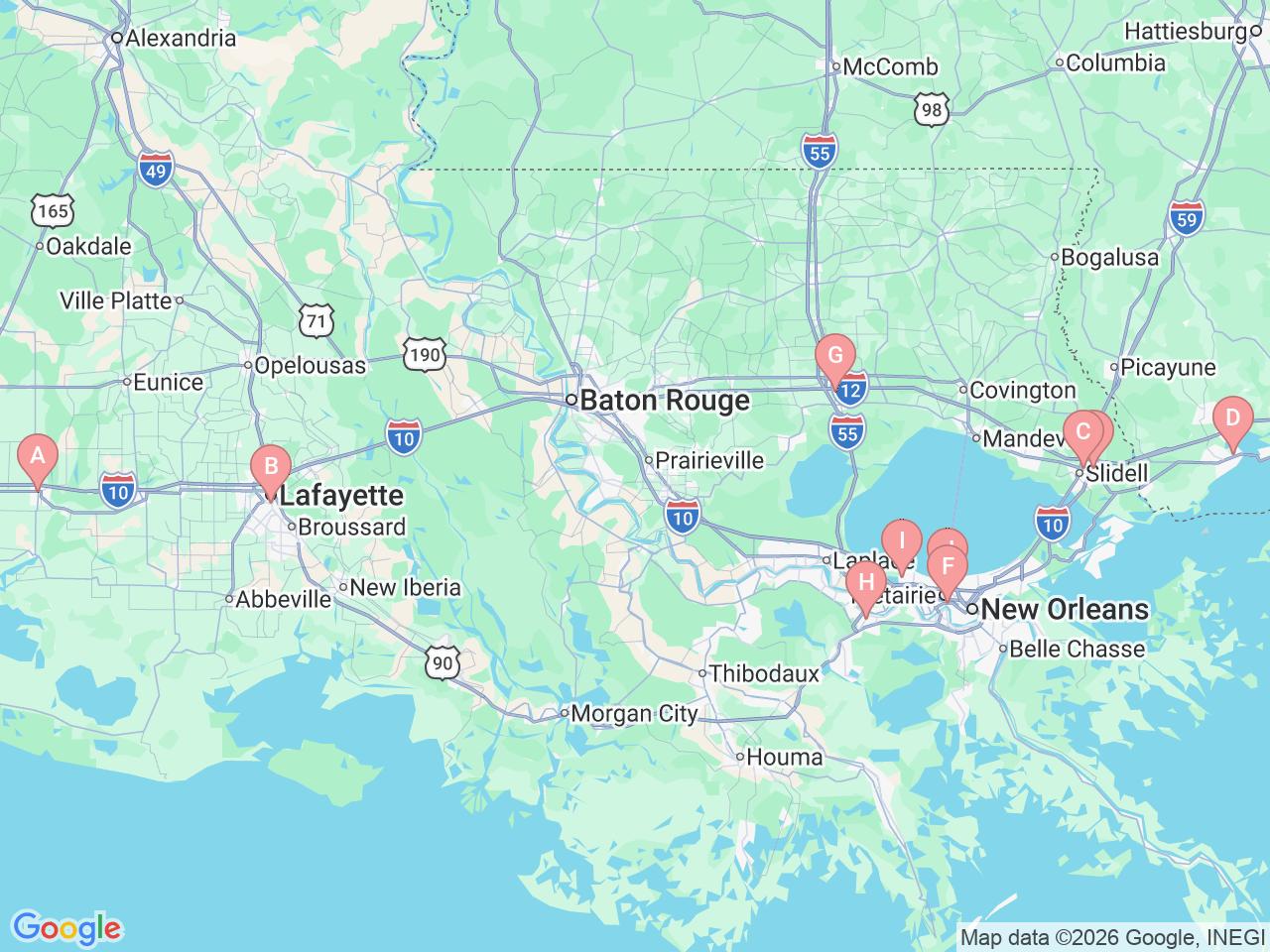 Map of Ochsner-affiliated facilities that provide services related to Heart & Vascular Institute