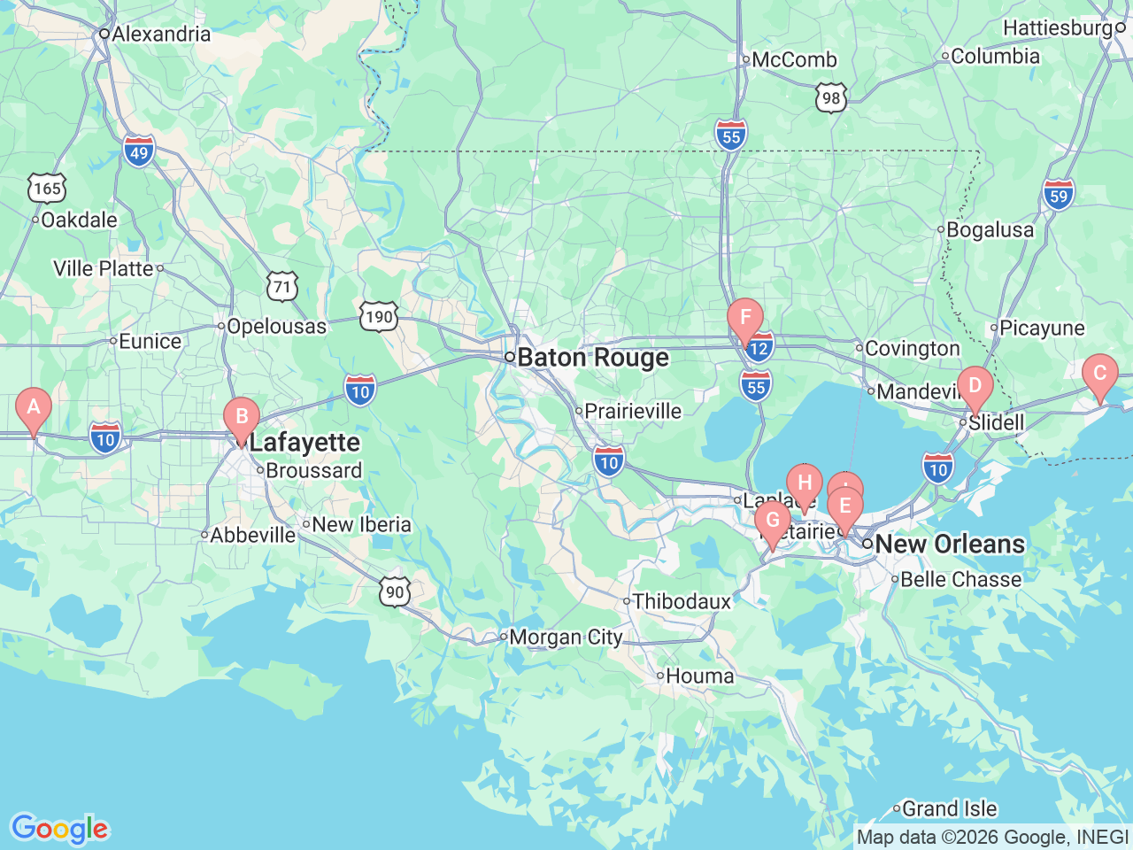 Map of Ochsner-affiliated facilities that provide services related to Heart & Vascular Institute
