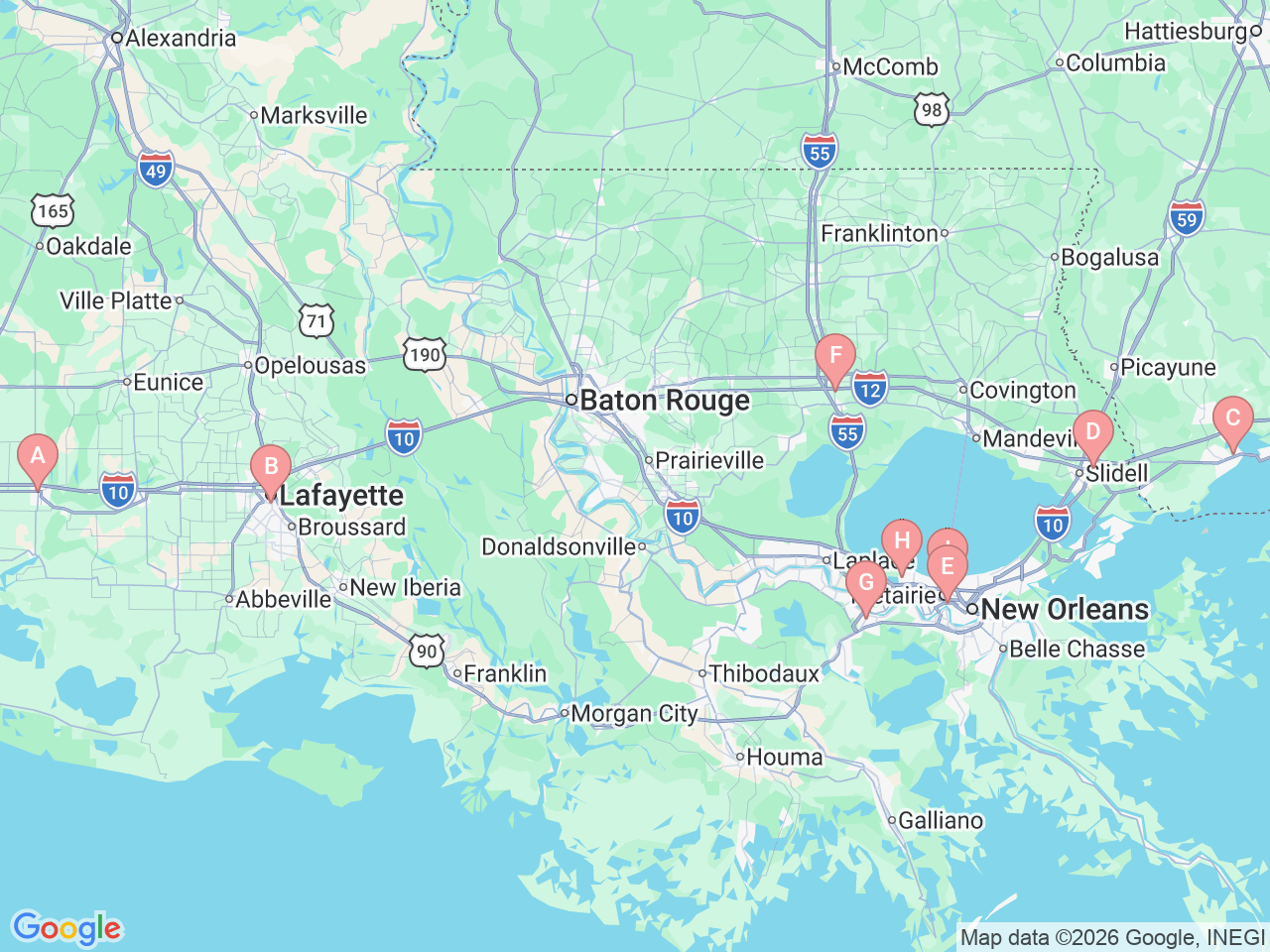 Map of Ochsner-affiliated facilities that provide services related to Heart & Vascular Institute