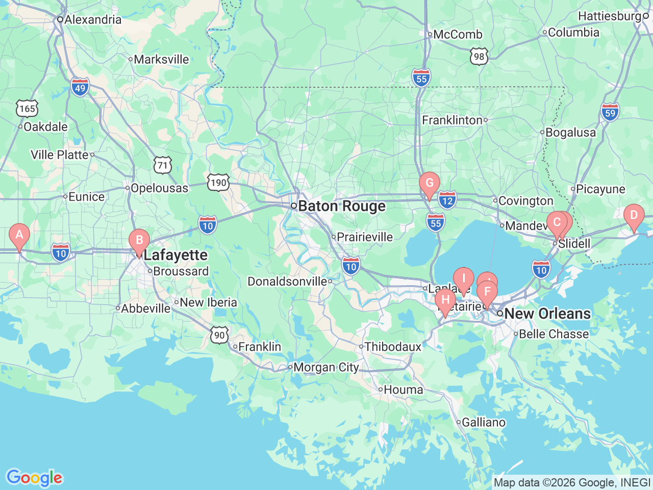 Map of Ochsner-affiliated facilities that provide services related to Heart & Vascular Institute