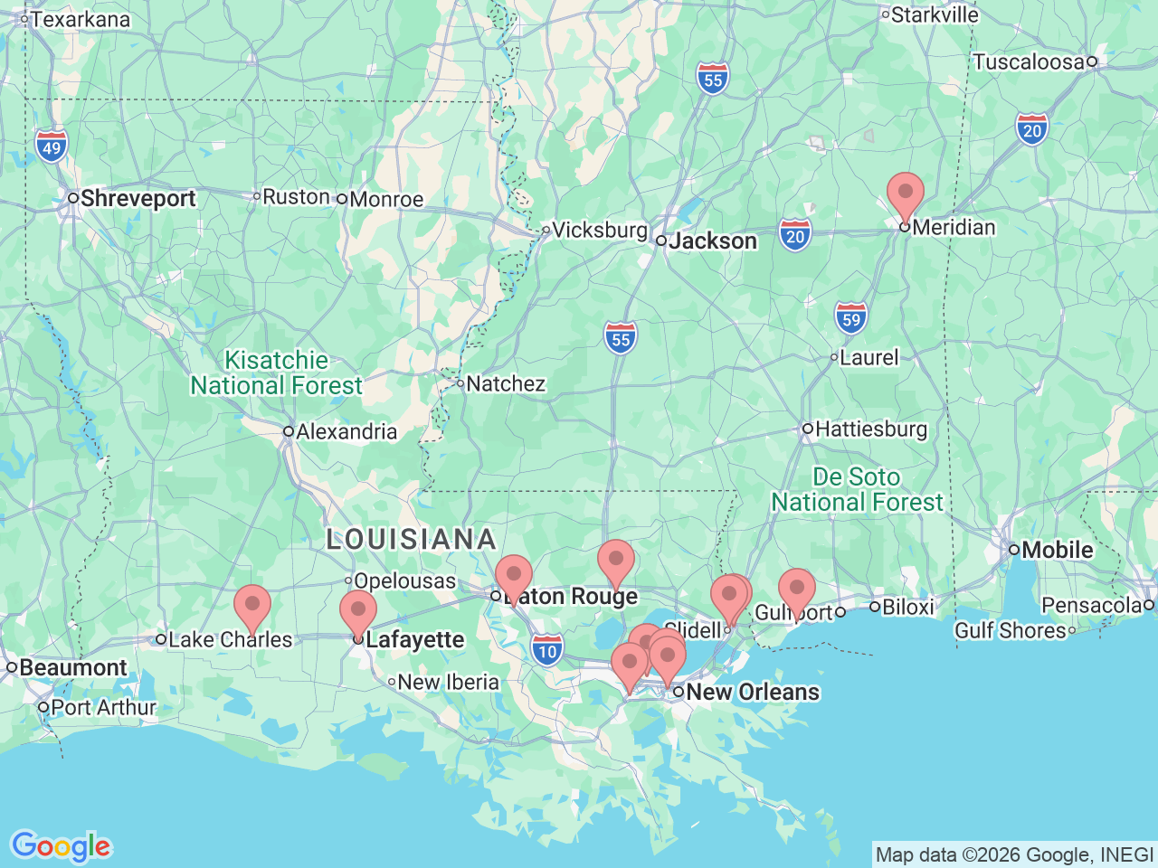 Map of Ochsner-affiliated facilities that provide services related to Heart & Vascular Institute (Cardiology)