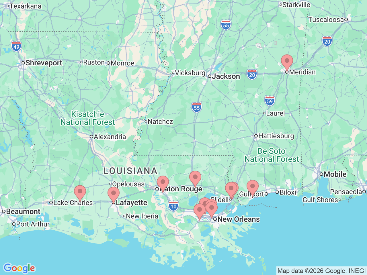 Map of Ochsner-affiliated facilities that provide services related to Heart & Vascular Institute (Cardiology)
