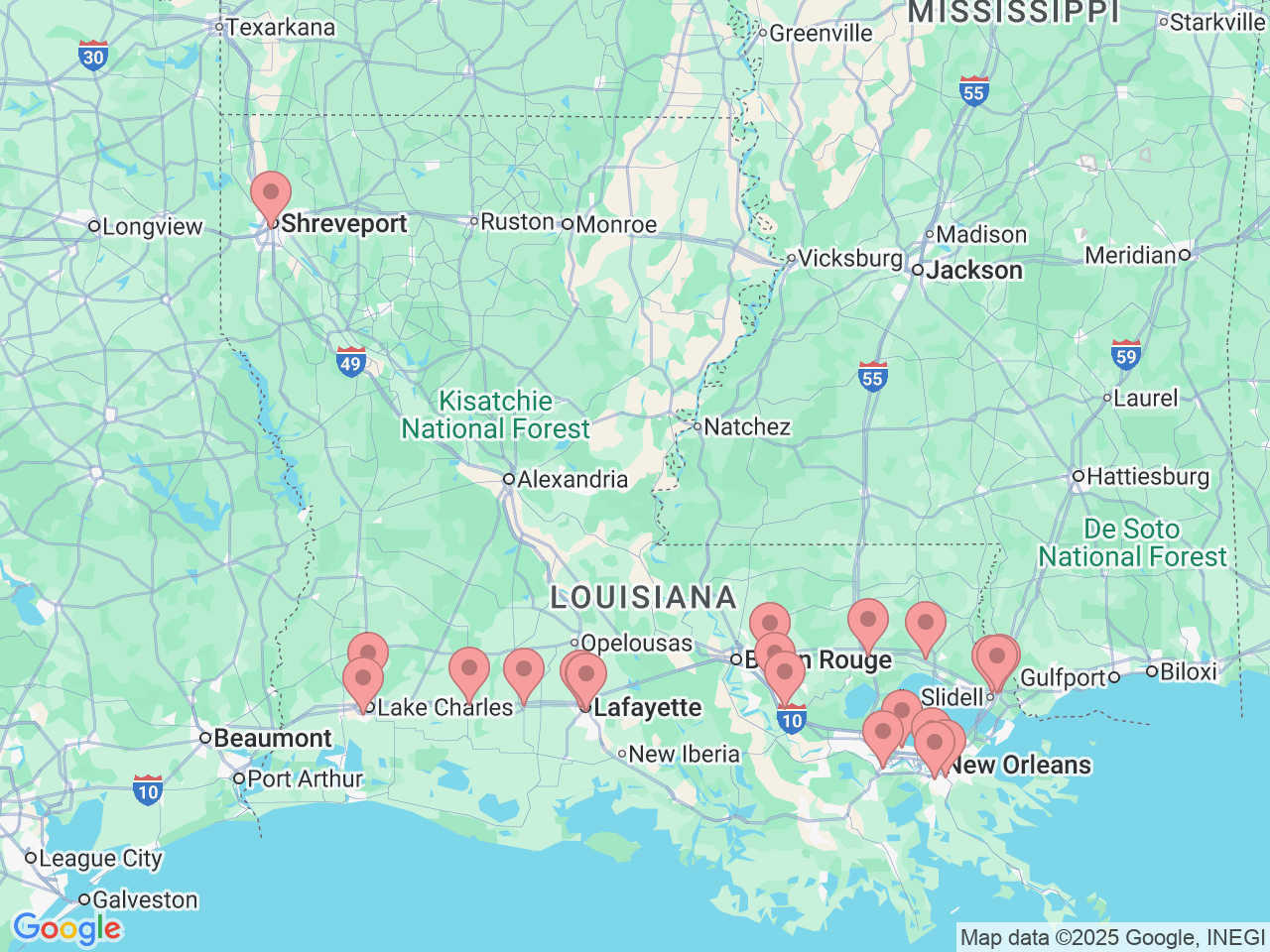 Map of Ochsner-affiliated facilities that provide services related to Hematology/Oncology
