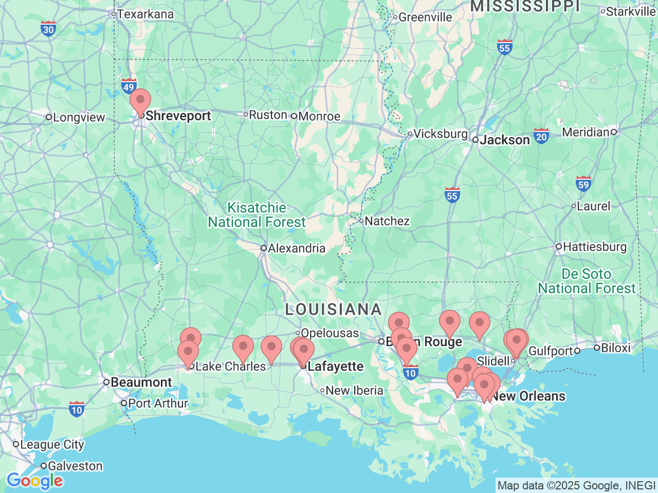Map of Ochsner-affiliated facilities that provide services related to Hematology/Oncology