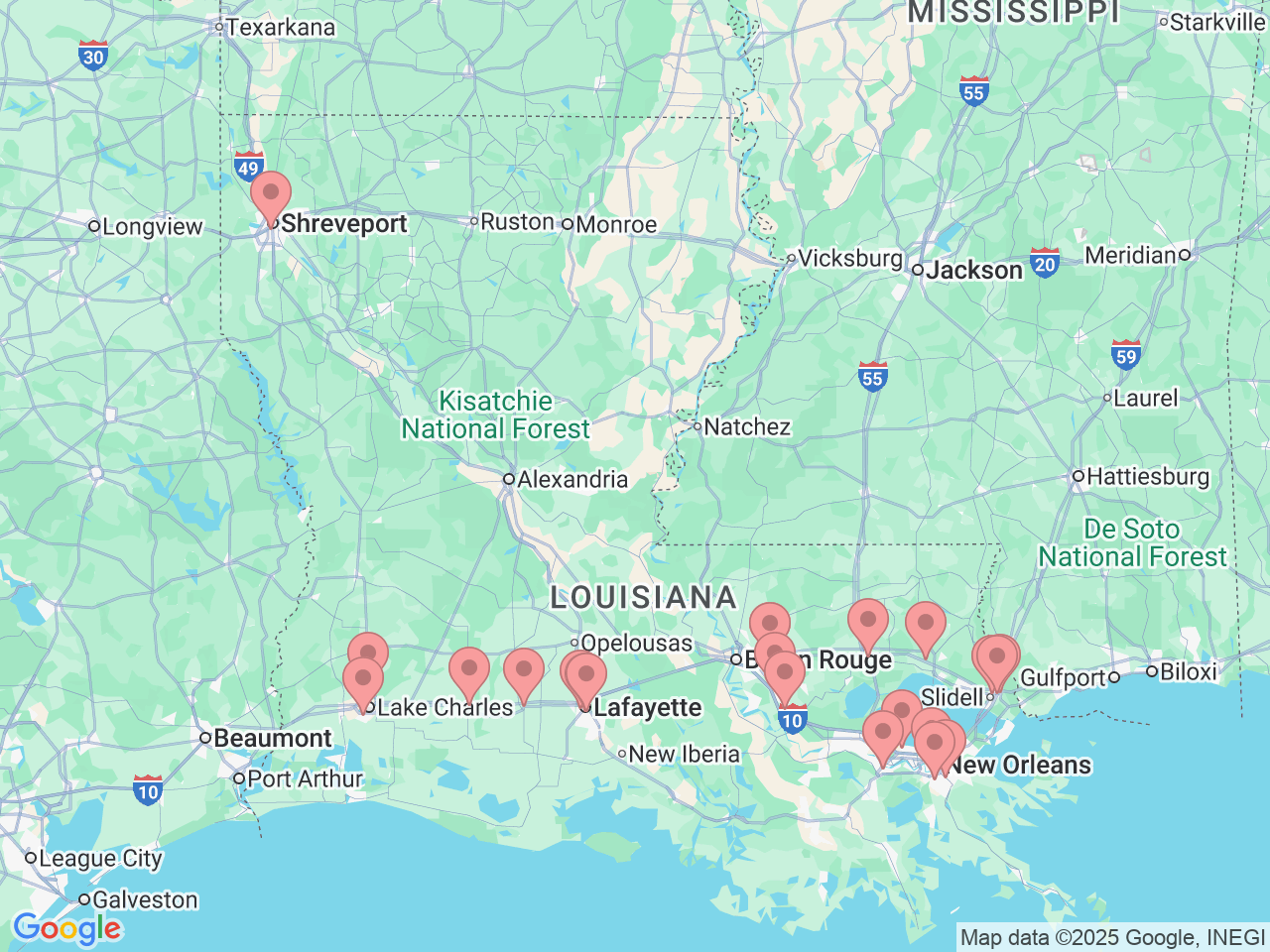 Map of Ochsner-affiliated facilities that provide services related to Hematology/Oncology