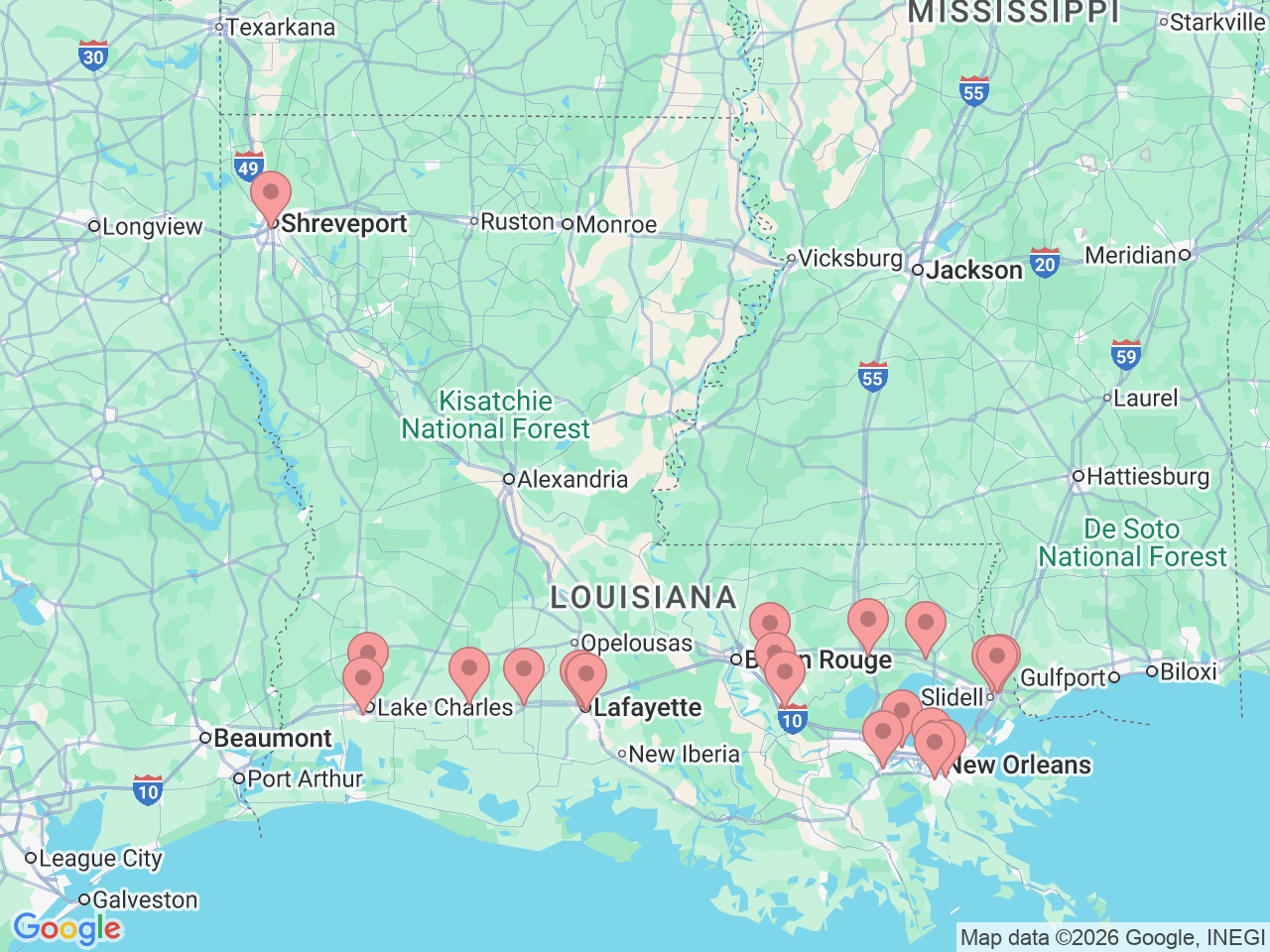 Map of Ochsner-affiliated facilities that provide services related to Hematology/Oncology