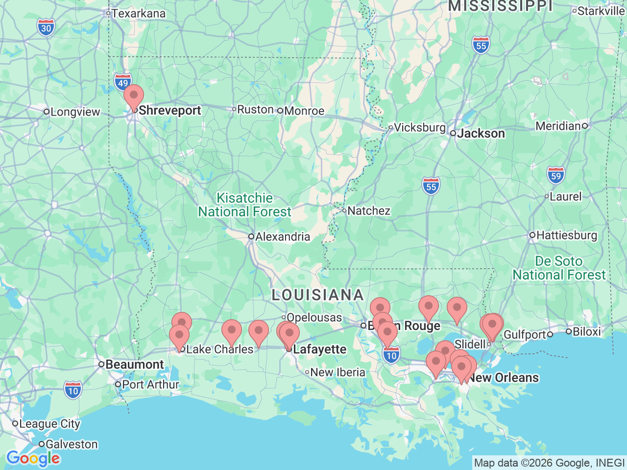 Map of Ochsner-affiliated facilities that provide services related to Hematology/Oncology