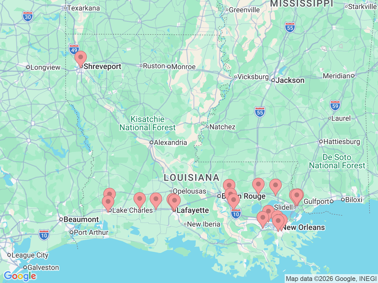 Map of Ochsner-affiliated facilities that provide services related to Hematology/Oncology