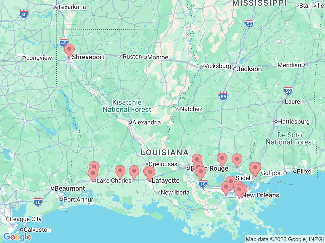 Map of Ochsner-affiliated facilities that provide services related to Hematology/Oncology