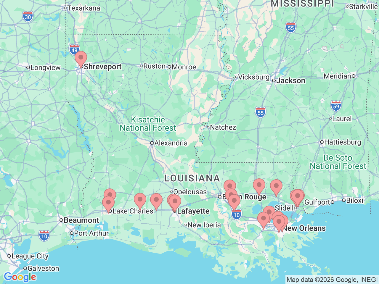 Map of Ochsner-affiliated facilities that provide services related to Hematology/Oncology