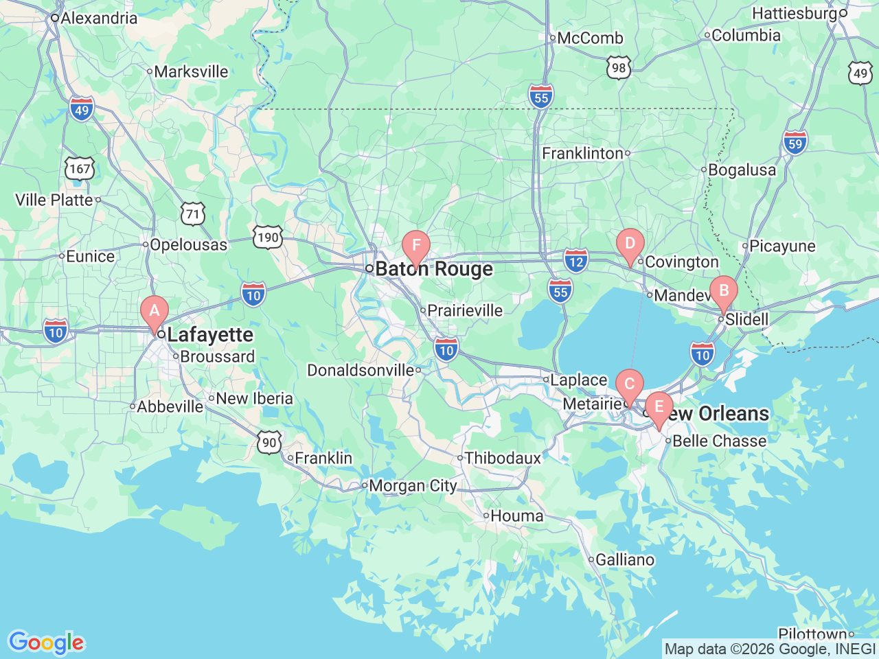 Map of Ochsner-affiliated facilities that provide services related to Hepatology (Liver Care)