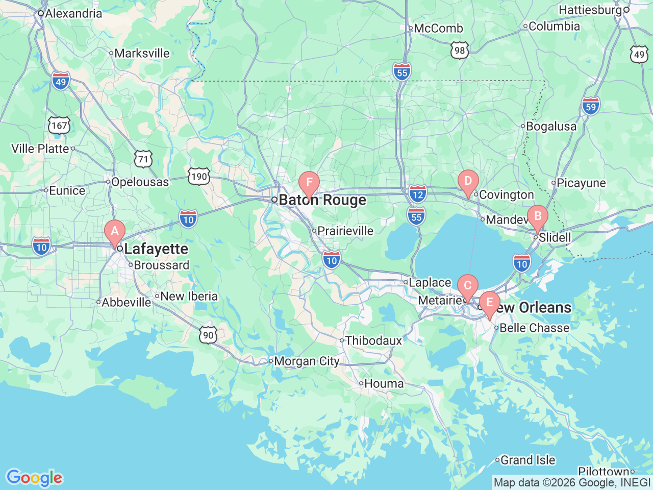 Map of Ochsner-affiliated facilities that provide services related to Hepatology (Liver Care)
