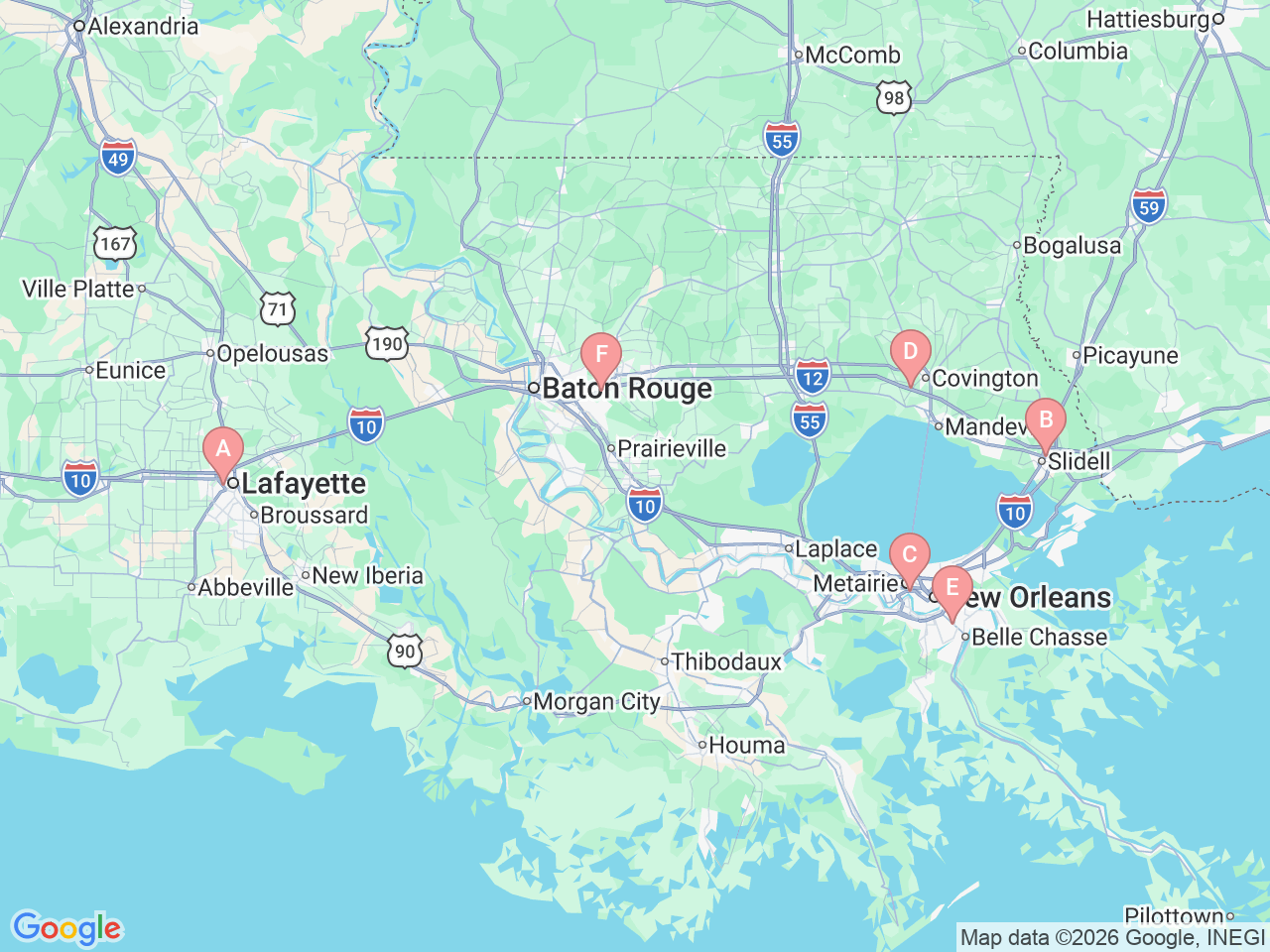 Map of Ochsner-affiliated facilities that provide services related to Hepatology (Liver Care)