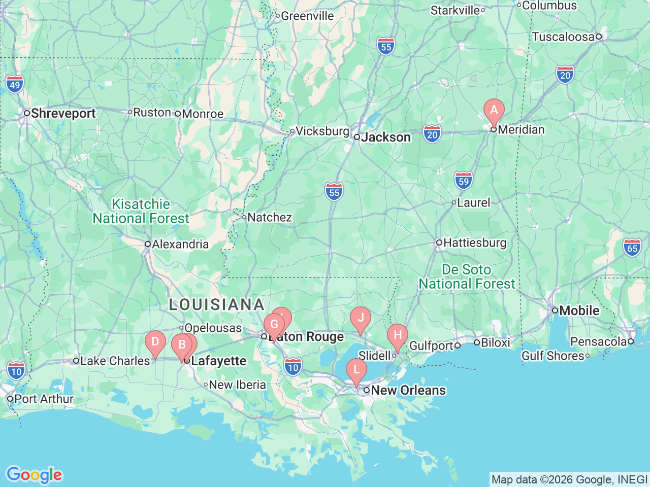 Map of Ochsner-affiliated facilities that provide services related to Hip Pain and Hip Replacement Surgery
