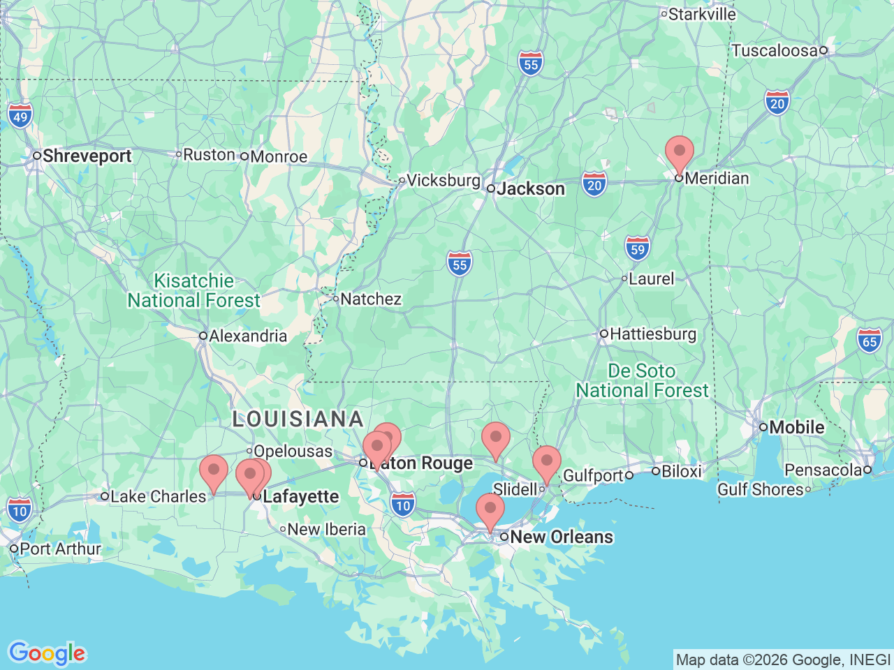Map of Ochsner-affiliated facilities that provide services related to Hip Pain and Hip Replacement Surgery
