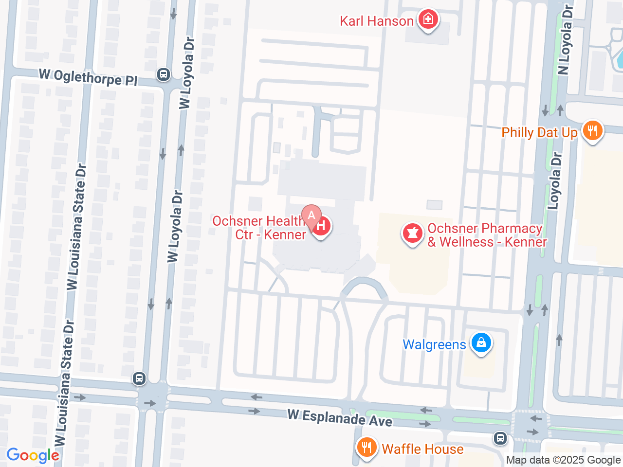 Map of Ochsner-affiliated facilities that provide services related to Home Health