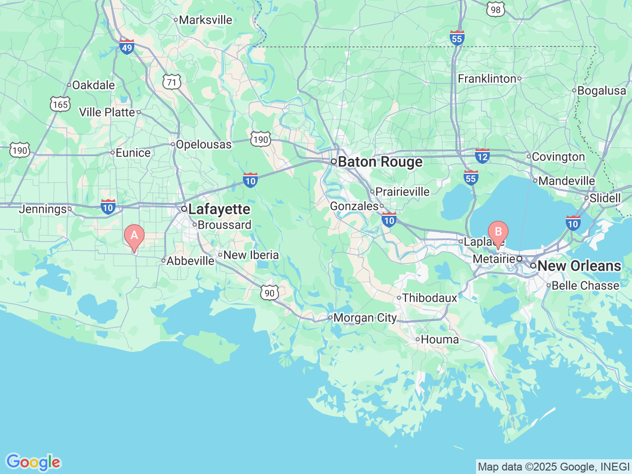 Map of Ochsner-affiliated facilities that provide services related to Home Health