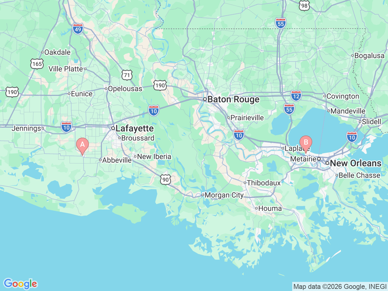 Map of Ochsner-affiliated facilities that provide services related to Home Health