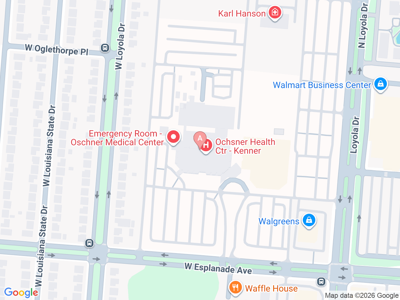 Map of Ochsner-affiliated facilities that provide services related to Home Health