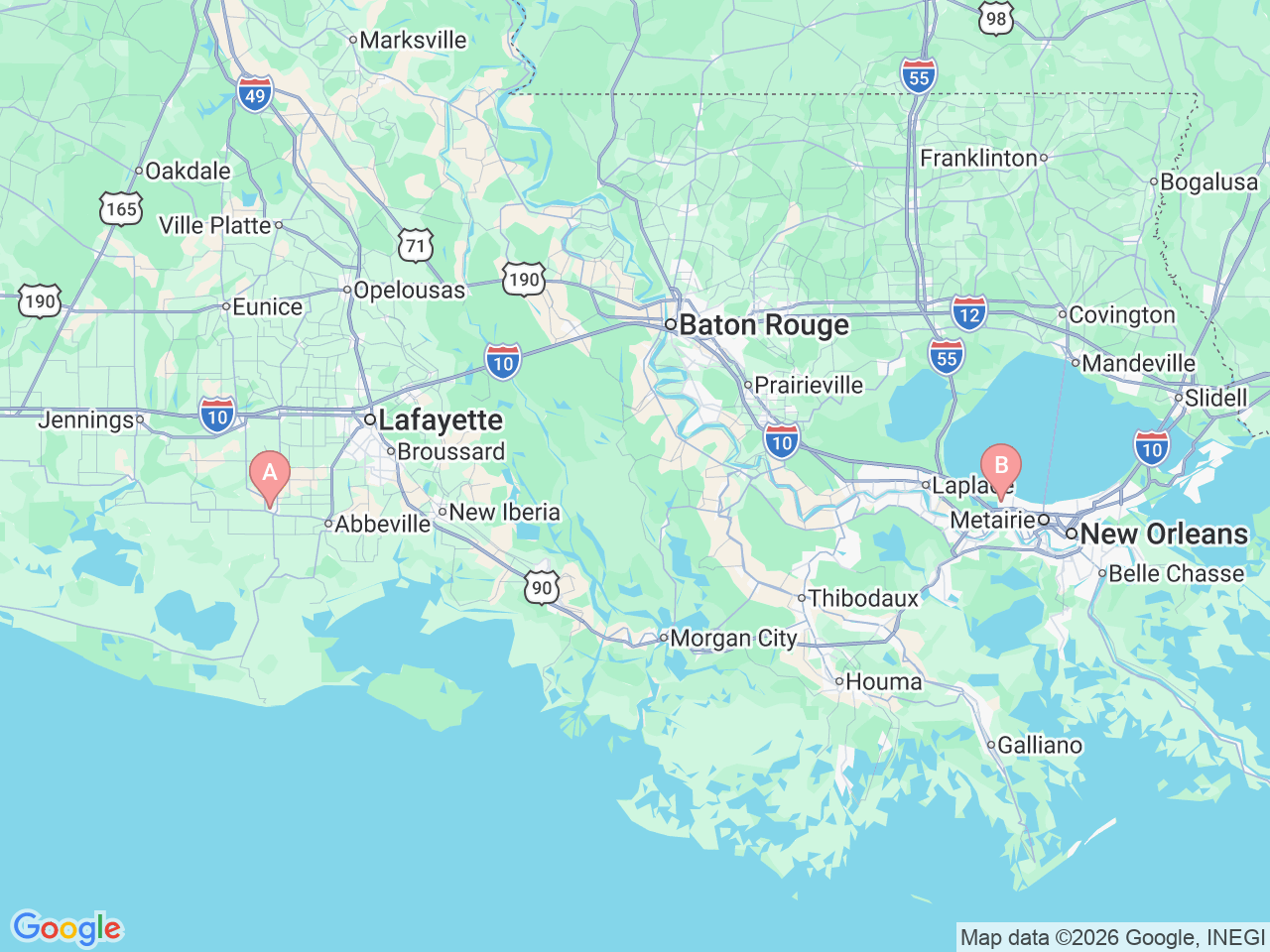 Map of Ochsner-affiliated facilities that provide services related to Home Health