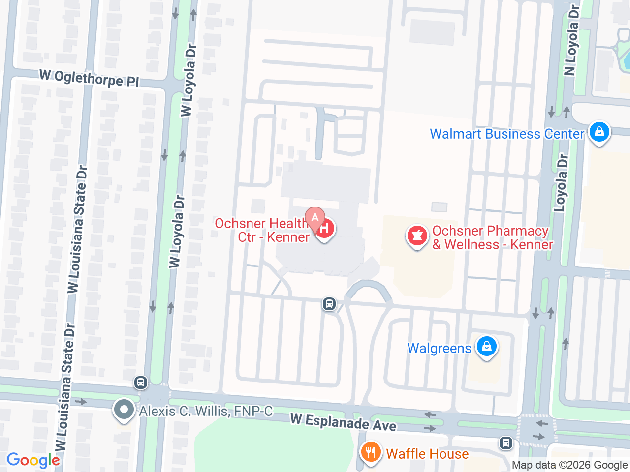 Map of Ochsner-affiliated facilities that provide services related to Home Health