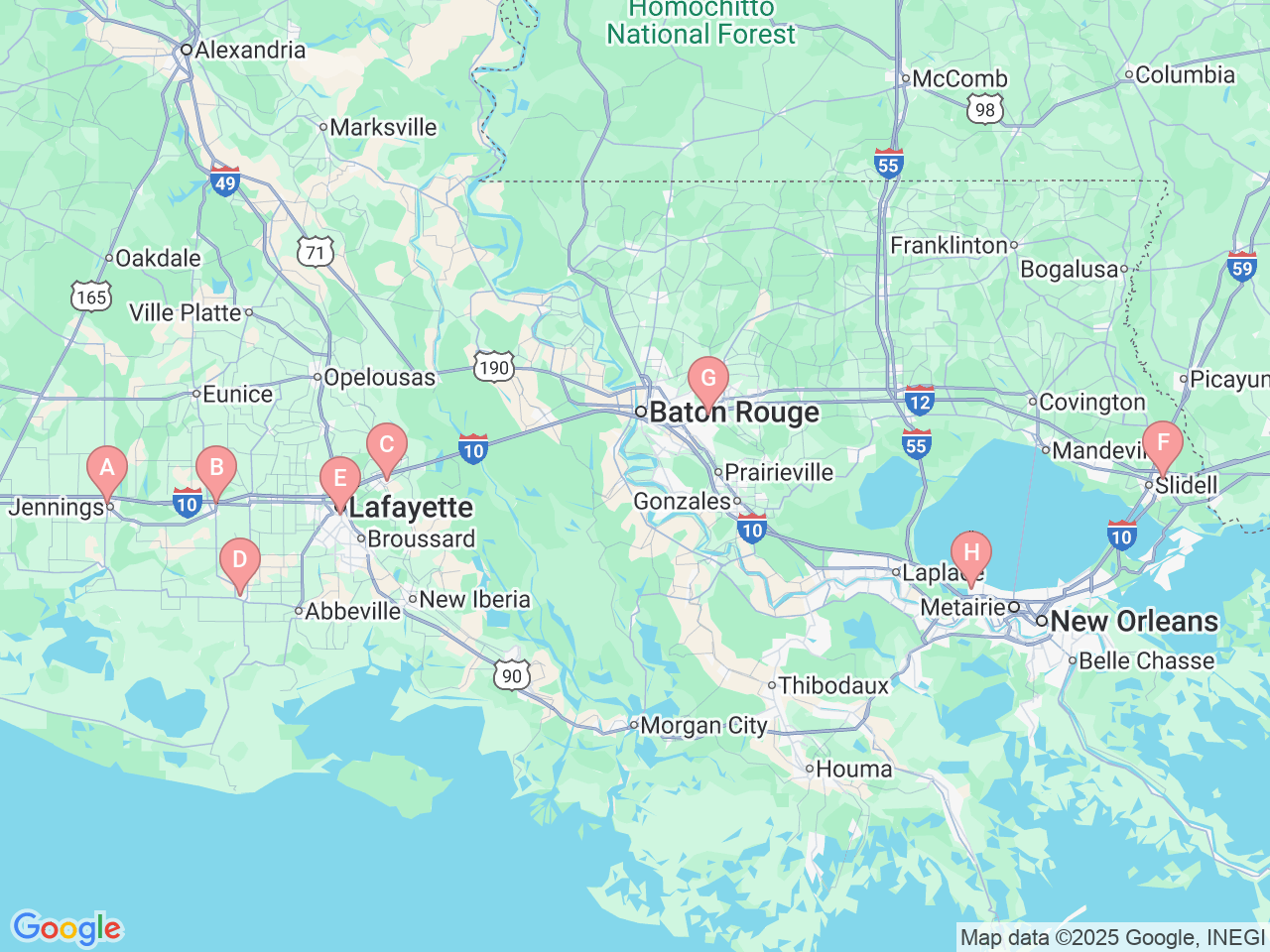 Map of Ochsner-affiliated facilities that provide services related to Hospital Medicine