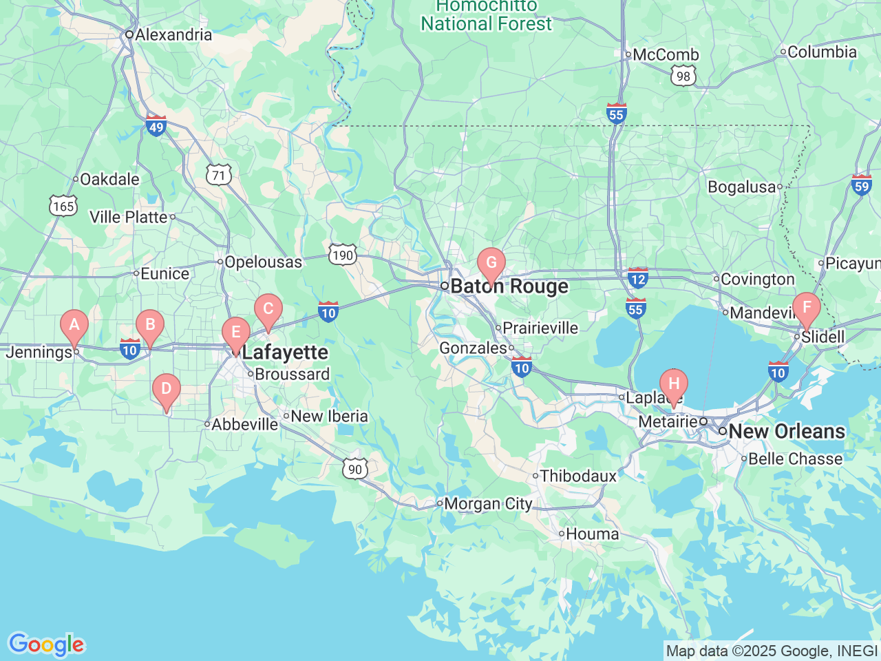 Map of Ochsner-affiliated facilities that provide services related to Hospital Medicine