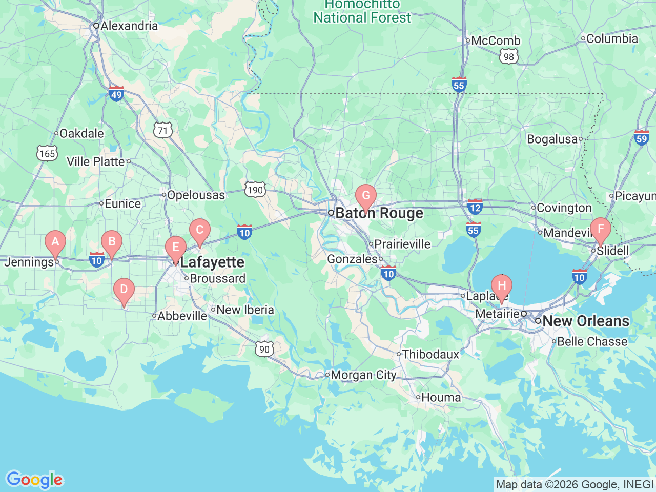 Map of Ochsner-affiliated facilities that provide services related to Hospital Medicine
