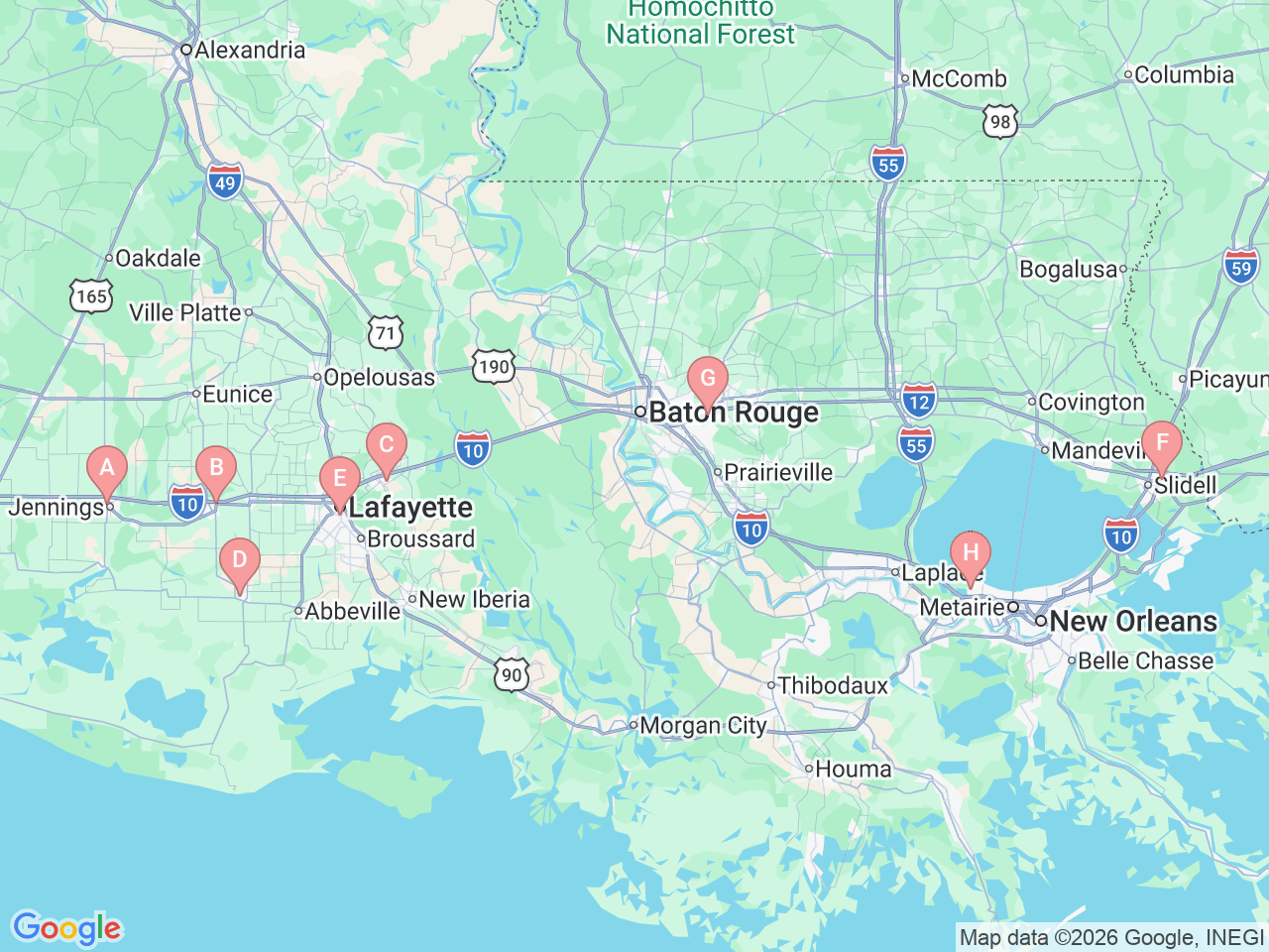 Map of Ochsner-affiliated facilities that provide services related to Hospital Medicine