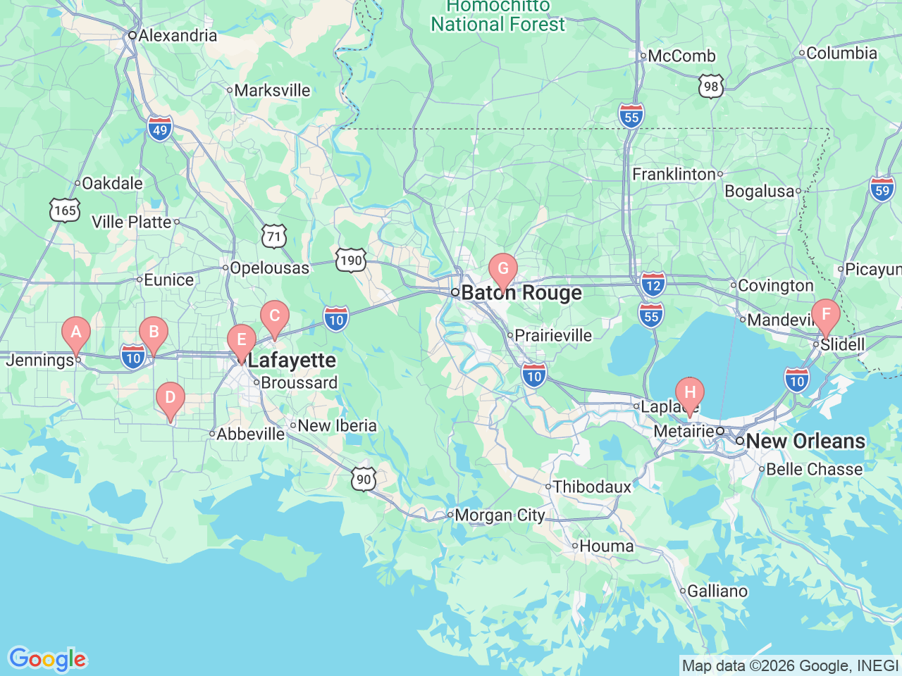 Map of Ochsner-affiliated facilities that provide services related to Hospital Medicine