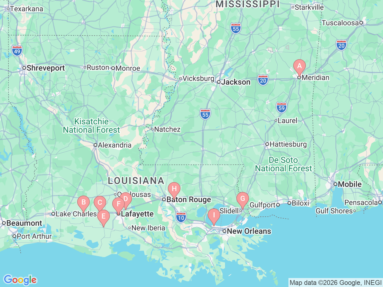 Map of Ochsner-affiliated facilities that provide services related to Hospital Medicine
